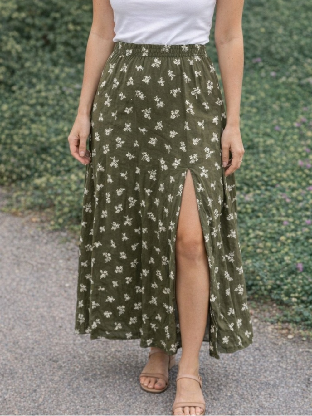 Thread & Supply Olive Midi A-Line Skirt with Slit